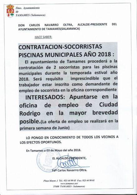Contratación socorristas piscinas municipales temporada 2018