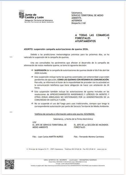 SUSPENSION CAMPAÑA AUTORIZACIONES DE QUEMAS 2026