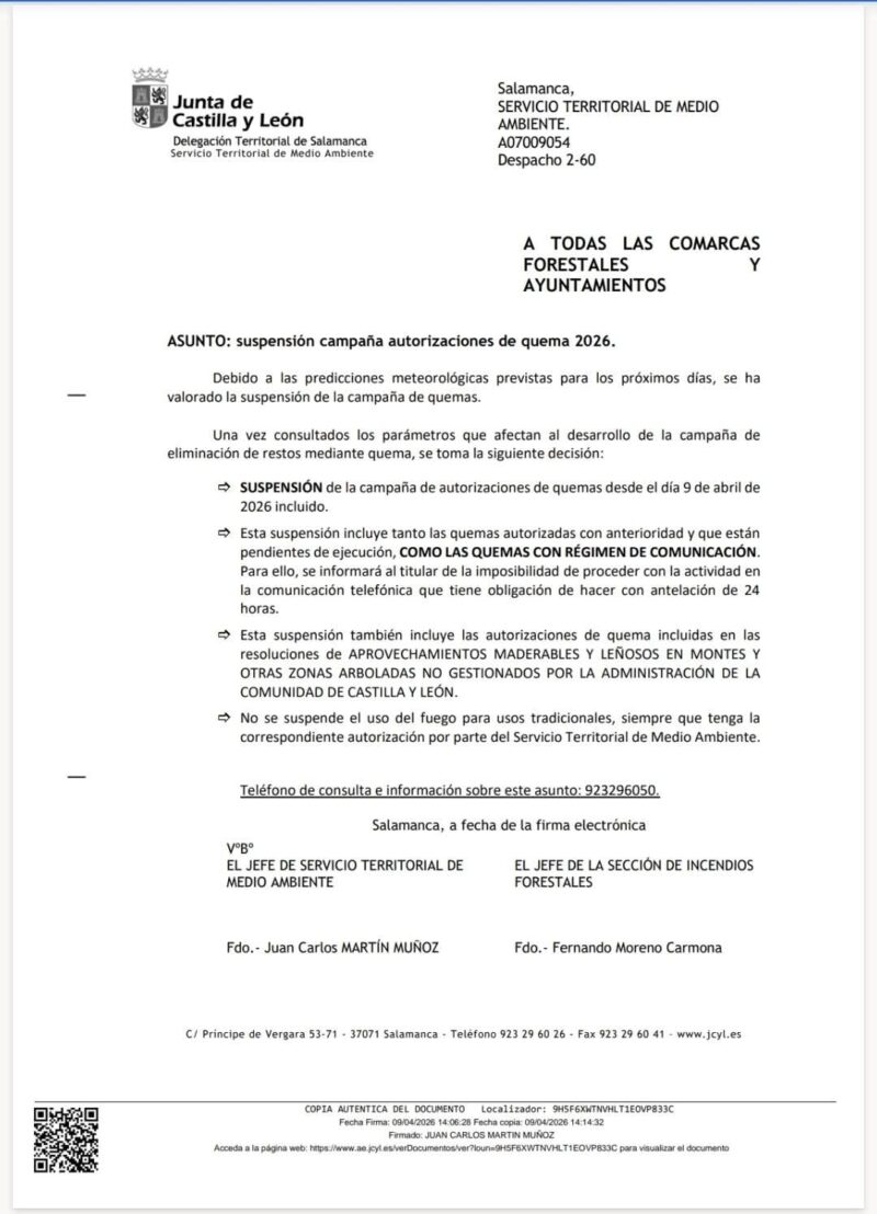 SUSPENSION CAMPAÑA AUTORIZACIONES DE QUEMAS 2026